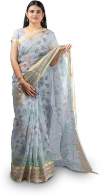 sarvagya Printed Kota Doria Cotton Blend Saree(Grey)