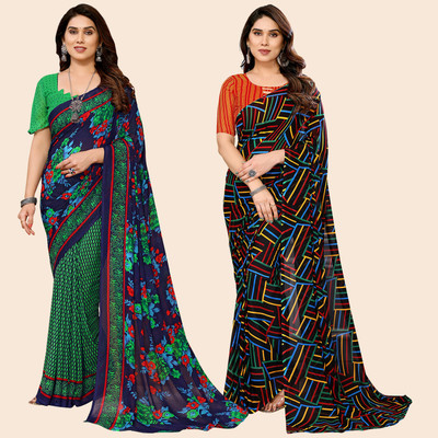 kashvi sarees Self Design, Printed Daily Wear Georgette Saree(Pack of 2, Dark Blue, Green, Multicolor)