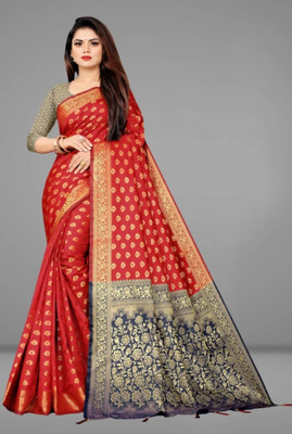 shree ambaji saree Woven Banarasi Handloom Silk Blend Saree(Red)