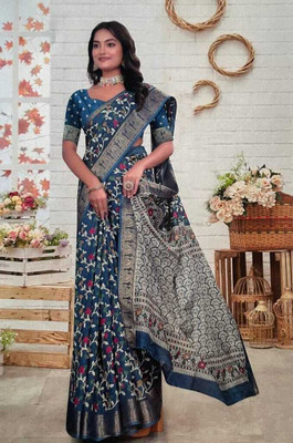 Esther collections Floral Print, Woven, Printed Paithani Chanderi Saree(Blue)
