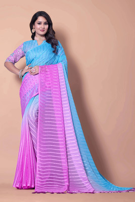 ABSilk Embellished Assam Silk Georgette Saree(Purple, Blue)