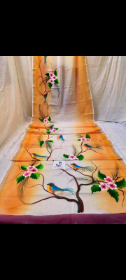 ABC Hand Painted, Printed, Woven Tant Pure Cotton Saree(Orange)