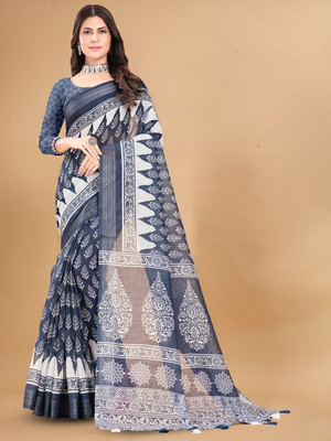 ANOUK Printed Daily Wear Linen Saree(Grey)