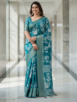 ZAMUNA Digital Print, Floral Print, Woven Banarasi Tussar Silk, Linen Saree(Light Blue)