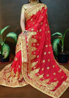 MIYANIFAB Embroidered Bollywood Georgette Saree(Red)