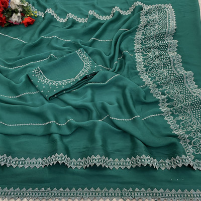 HouseOfCommon Embroidered Bollywood Pure Silk Saree(Dark Green)