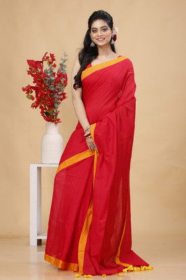 Bong ButiQ Solid/Plain Handloom Pure Cotton Saree(Red)