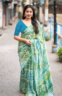 Rudra Printed Ikkat Cotton Blend Saree(Blue)