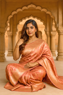 RPS Printed Saree with Attached Blouse Cotton Silk Saree(Pink)