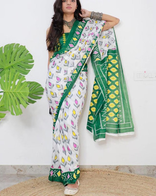 HangerStories Digital Print Ikkat Cotton Linen Saree(Multicolor)