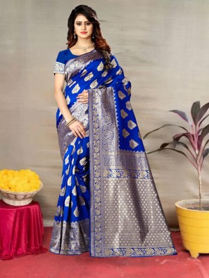 Pervas Woven Kanjivaram Silk Blend, Cotton Silk Saree(Blue)