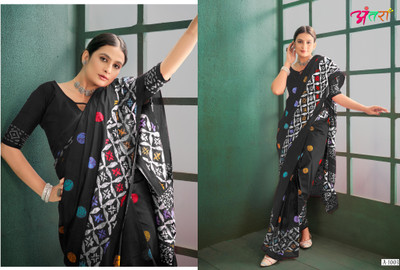 JASU CREATION Printed Hand Batik Pure Cotton Saree(Black)