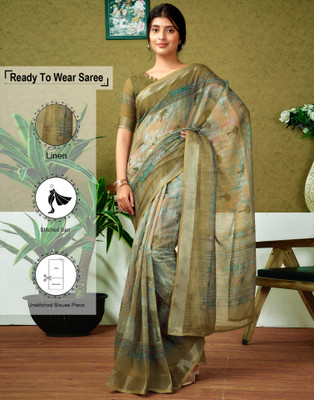 Samah Digital Print, Floral Print, Embellished Bollywood Linen Saree(Green)