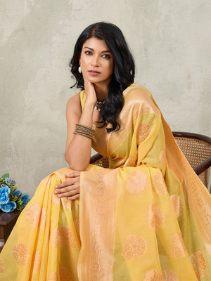 PRIMENIKS Woven Banarasi Cotton Silk Saree(Yellow)