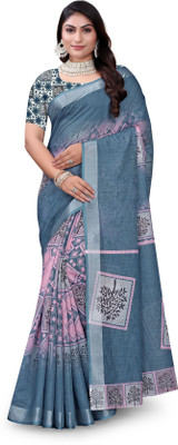 Dharm Enterprise Digital Print Bollywood Cotton Linen Saree(Grey)