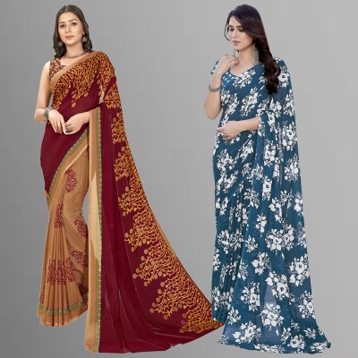 Anand Sarees Floral Print Daily Wear Georgette Saree(Pack of 2, Beige, Maroon, Blue)