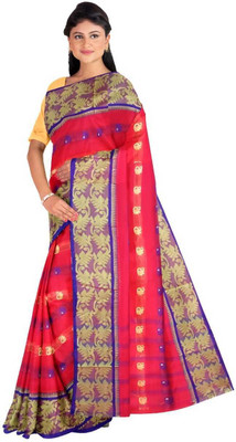 CommonHouseee Self Design Tant Pure Cotton Saree(Blue, Pink)