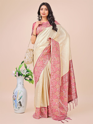 Tasrika Woven Banarasi Cotton Silk Saree(Cream)