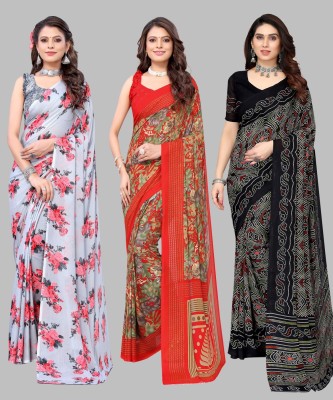 Priyashi Printed Daily Wear Georgette Saree(Pack of 3, Red, Black, Grey)