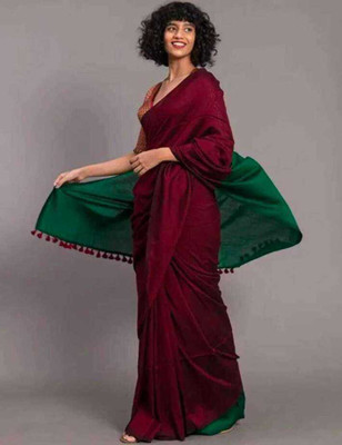Hiya saree And Punjabi house Printed Handloom Cotton Blend Saree(Maroon, Green)