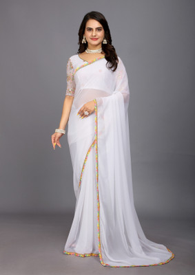 RHEY Printed, Embroidered Bollywood Georgette Saree(White)