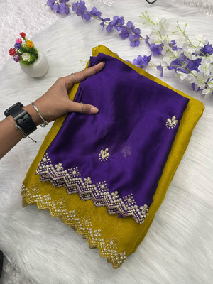 BELLETRENDZ Embroidered Bollywood Jimmy choo Saree(Yellow)