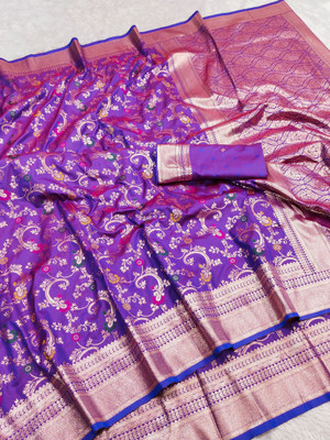 fospy Woven Banarasi Jacquard, Pure Silk Saree(Purple)