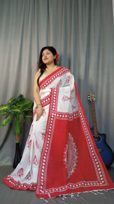 SMRITI CREATION Printed Handloom Handloom Pure Cotton Saree(White)