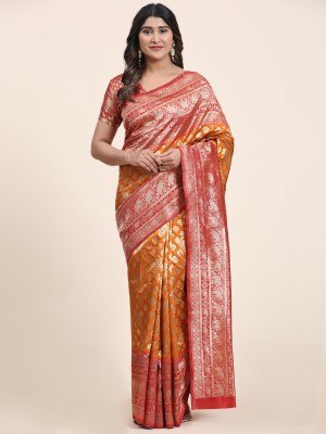 SAREE EXOTICA Woven Kanjivaram Jacquard, Silk Blend Saree(Orange, Red)