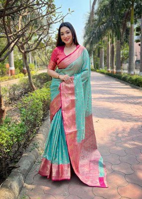all about you Woven Banarasi Silk Blend Saree(Light Blue)