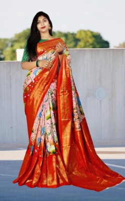 Ritu's Digital Print, Self Design, Printed Bollywood Cotton Silk Saree(Orange)
