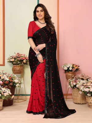 AMBUJAINTERNATIONAL Polka Print Bollywood Georgette Saree(Red, Black)