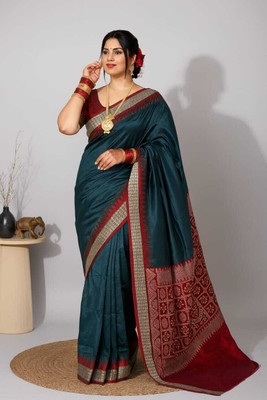 Afronza Temple Border, Striped, Woven, Applique Sambalpuri Pure Silk, Silk Blend Saree(Green, Red)