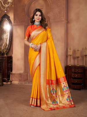 Divastri Printed Paithani Cotton Silk Saree(Yellow)