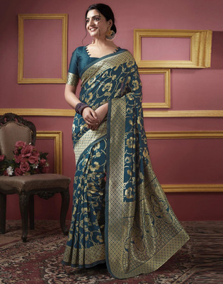 ETHNICHITZ Woven, Self Design, Embellished Kanjivaram Jacquard, Silk Blend Saree(Light Green)
