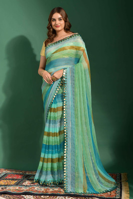 Dwiza Enterprise Digital Print, Striped Bollywood Georgette, Chiffon Saree(Blue)