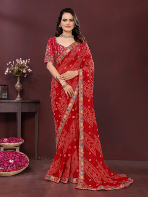 sareya veela Printed Bandhani Georgette Saree(Red)