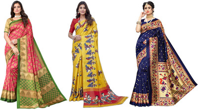 YASHIKA Printed, Woven Mysore Art Silk Saree(Pack of 3, Pink, Yellow, Dark Blue)