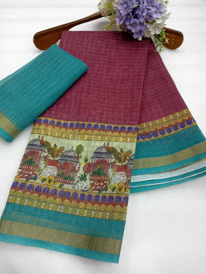 Saaransh Floral Print Kanjivaram Linen, Cotton Silk Saree(Purple)
