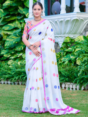 Anouk Rustic Digital Print Hand Batik Cotton Linen Saree(White)