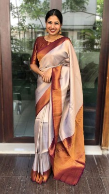 ANUVRATA Self Design, Woven Banarasi Jacquard Saree(Cream, Maroon)