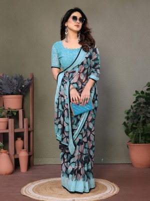 Quexle Printed, Floral Print Bollywood Georgette, Silk Blend Saree(Dark Blue)