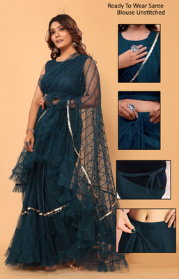 MYSTERY BOX Self Design, Embellished Bollywood Net Saree(Blue)