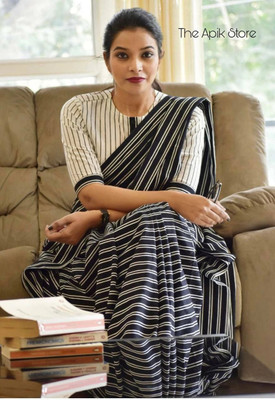 HIYAMI Printed Daily Wear Pure Cotton Saree(Black)