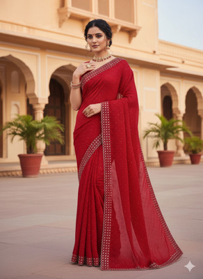 SHREE AMBEY TRADING Embellished Bollywood Pure Silk Saree(Red)