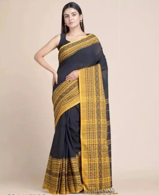 Sabita Embellished, Self Design Handloom Cotton Blend Saree(Black, Yellow)