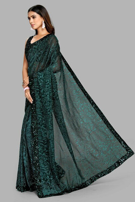 Vragi Printed Bollywood Lycra Blend Saree(Dark Green)