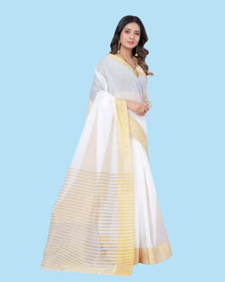 shree laxmi Woven Kasavu Pure Cotton Saree(White)