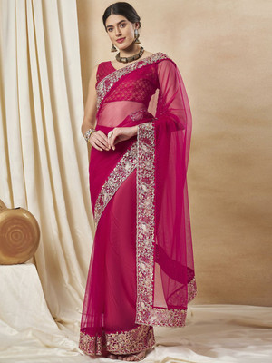 Sangria Embellished Daily Wear Net Saree(Pink)