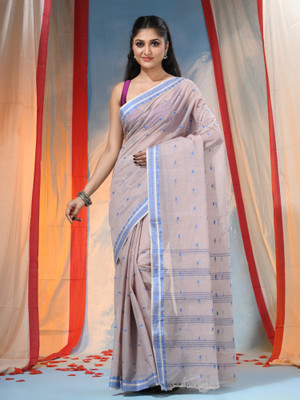 Desh Bidesh Striped Tant Handloom Pure Cotton Saree(Grey)